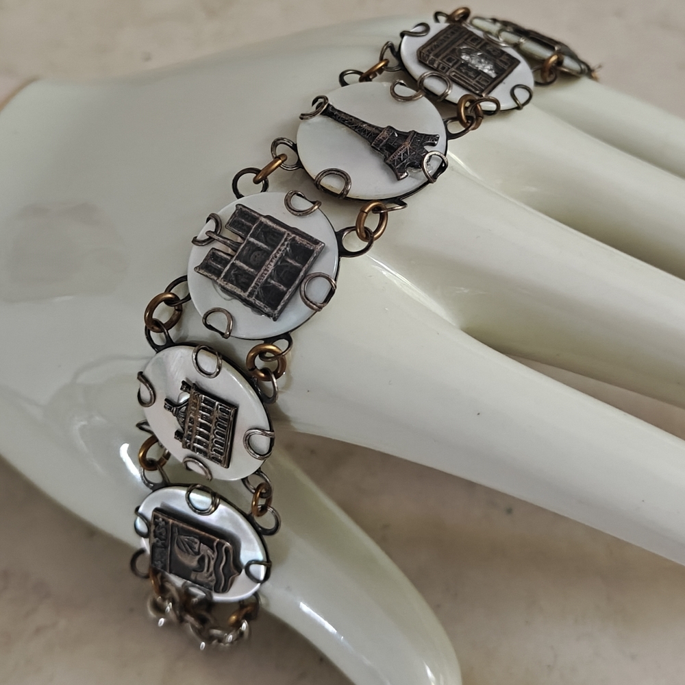 Vintage mother of pearl France Paris historic landmarks bracelet